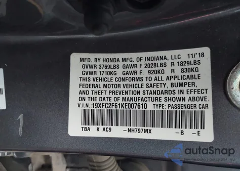 2019 Honda Civic Lx z USA, uszkodzony, nr VIN 19XFC2F61KE007610
